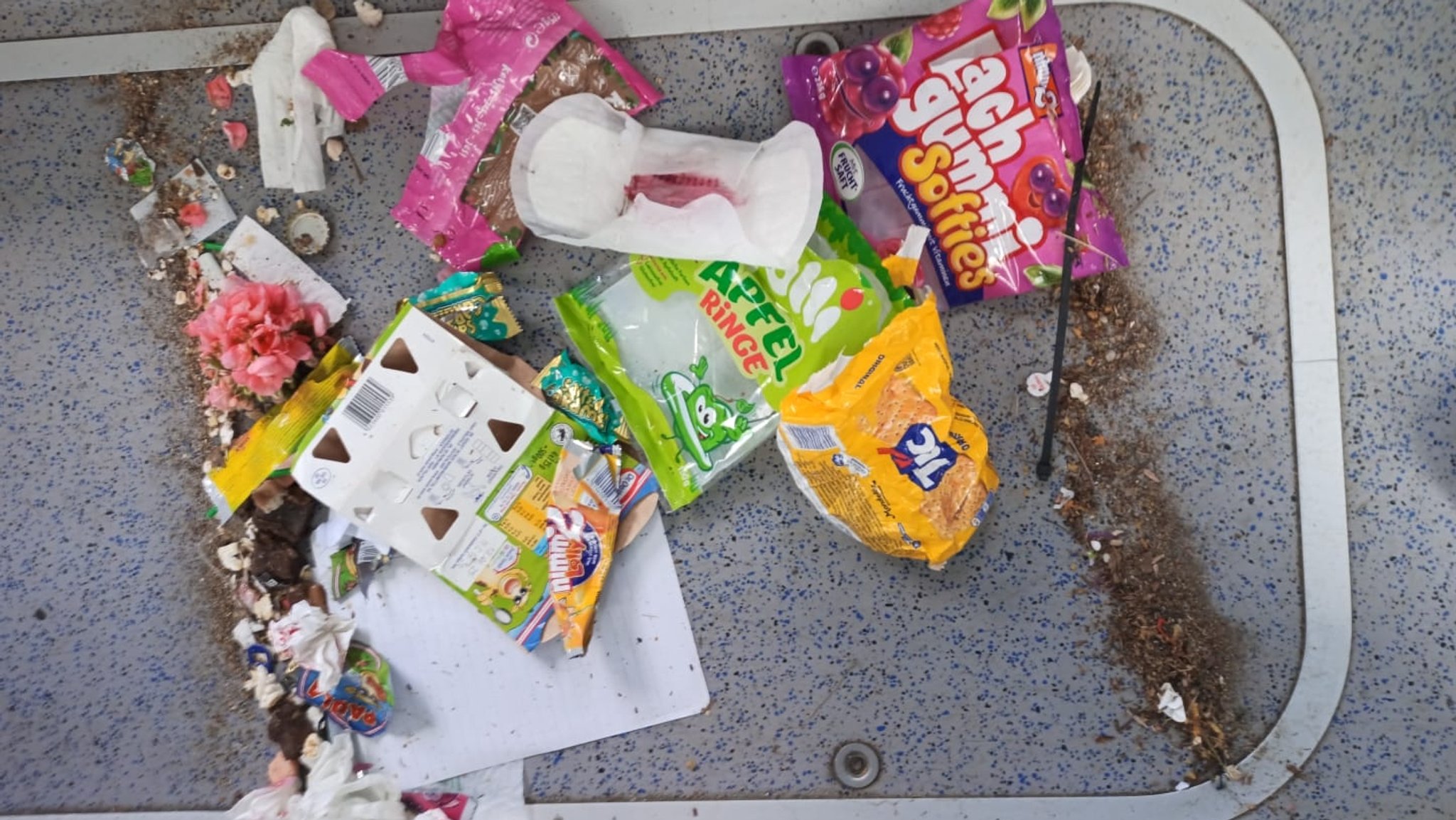 Müllreste einer Schulbusfahrt zwischen dem westlichen Landkreis Fürstenfeldbruck und Dießen am Ammersee. | Bild: Lisa Neumeyr (privat) Müllreste einer Schulbusfahrt zwischen dem westlichen Landkreis Fürstenfeldbruck und Dießen am Ammersee.