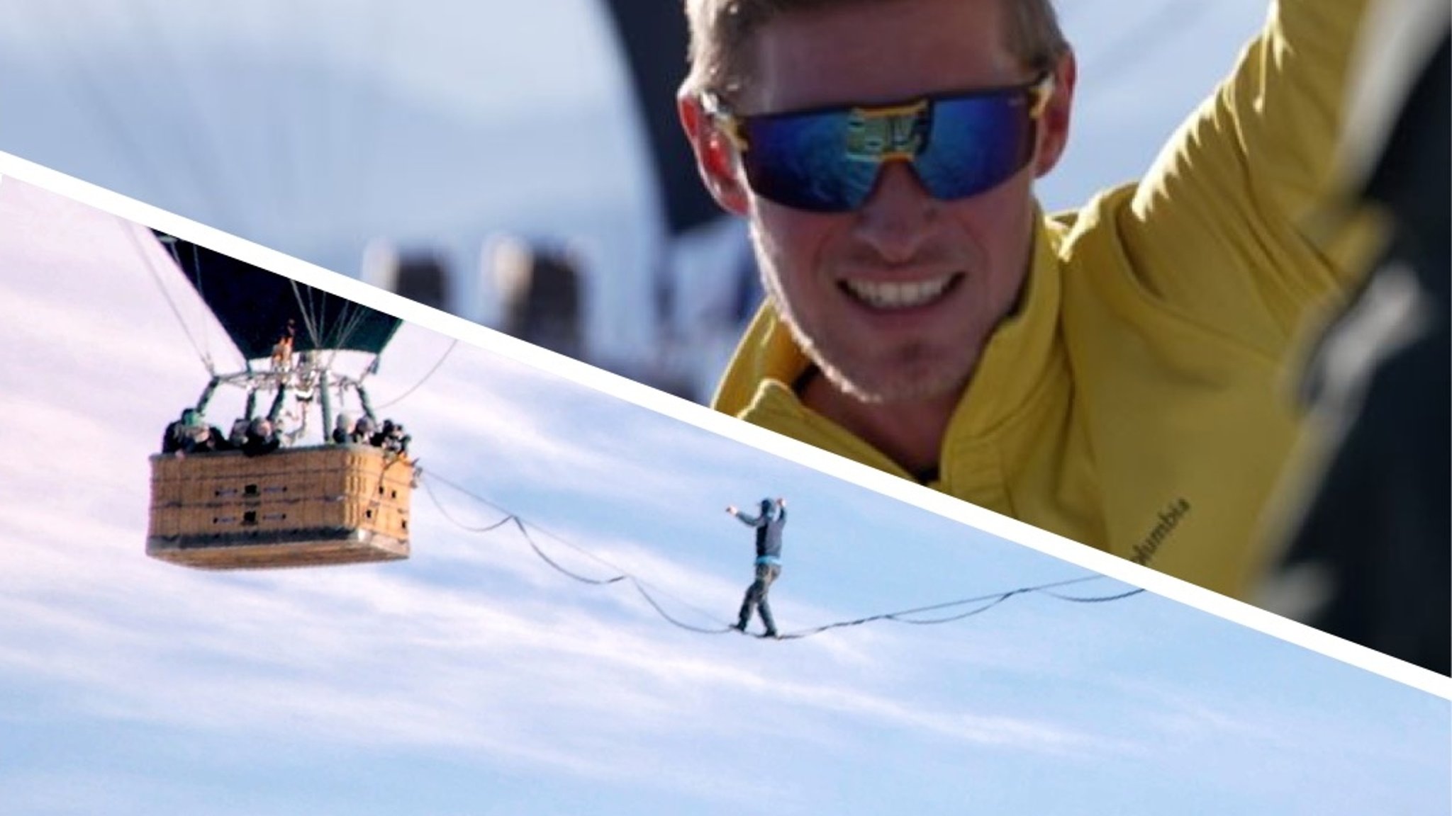 Zwischen Heißluftballons ist eine Slackline gespannt.