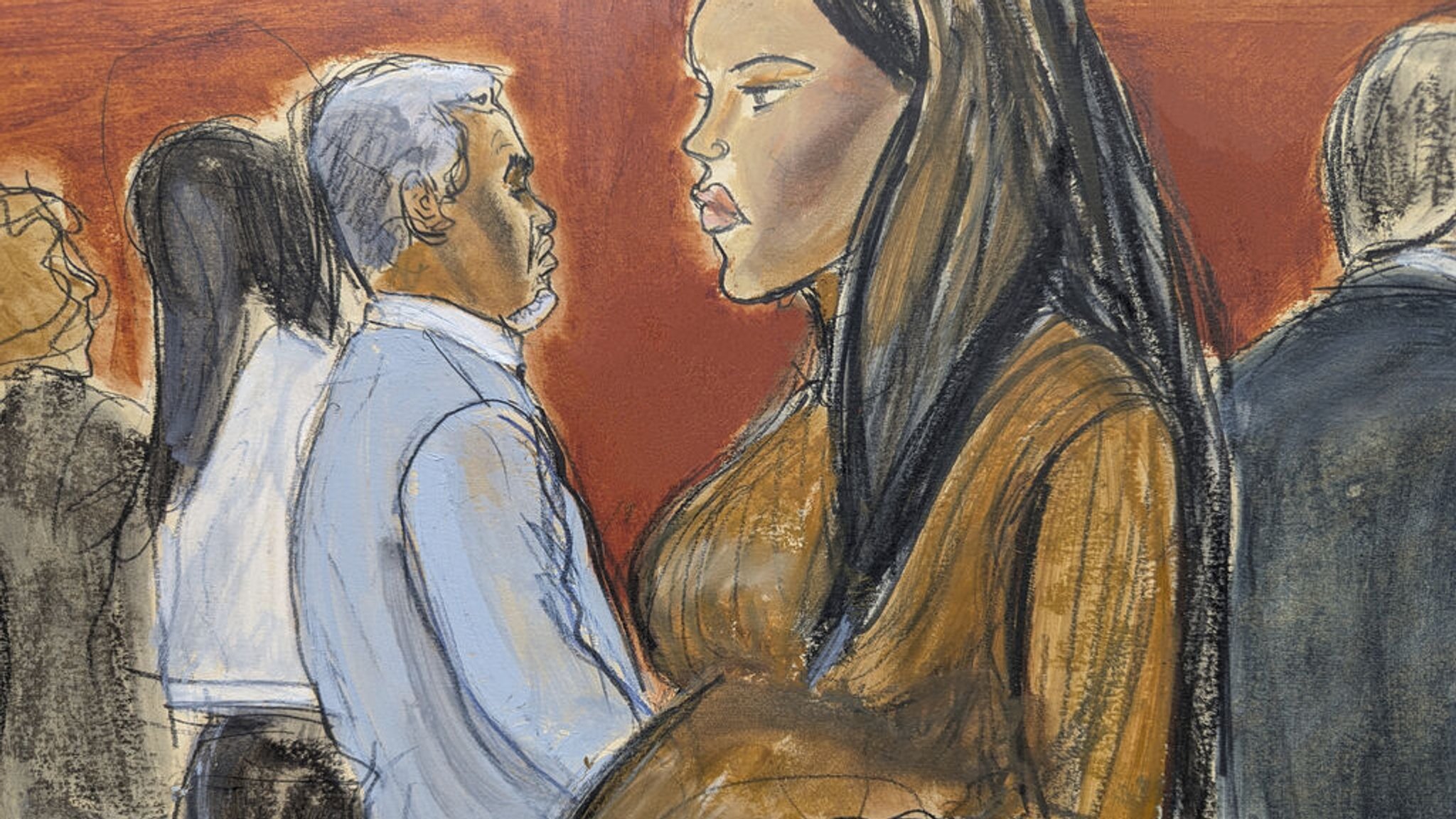 Cassie Ventura, rechts, geht nach ihrer Aussage vor dem Bundesgericht in Manhattan in New York aus dem Gerichtssaal, vorbei an Sean Diddy Combs. Foto: Elizabeth Williams/via AP/dpa +++ dpa-Bildfunk +++