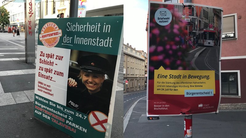 Plakate beider Seiten werben für den Bürgerentscheid.