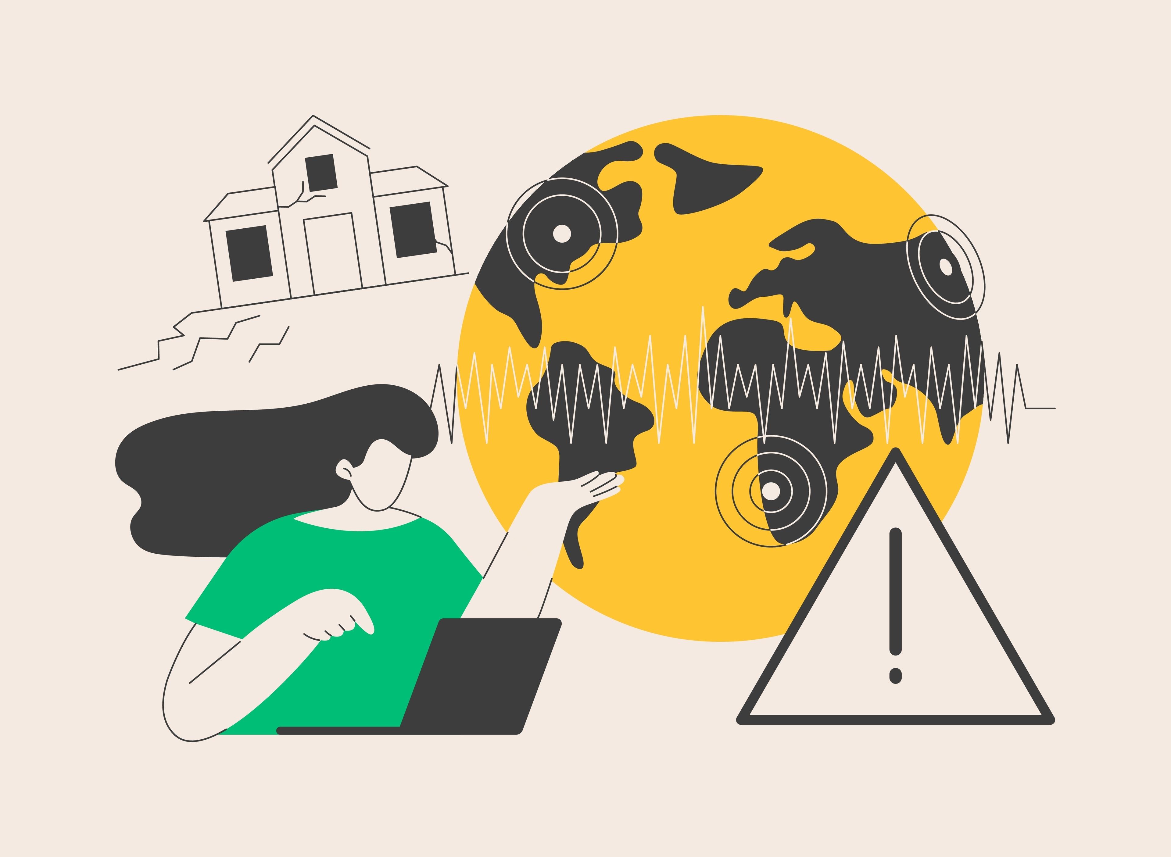 Erdbeben - wo sind die Gefahrenzonen?
Ein Grafik mit der Weltkugel auf der Zonen eingekreist sind, man sieht wellenförmige Ausschläge von einem Seismographen, eine skizzierte Frau an einem Laptop, ein Haus mit Rissen im Mauerwerk