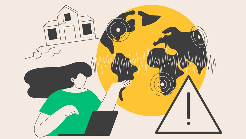 Erdbeben - wo sind die Gefahrenzonen?
Ein Grafik mit der Weltkugel auf der Zonen eingekreist sind, man sieht wellenförmige Ausschläge von einem Seismographen, eine skizzierte Frau an einem Laptop, ein Haus mit Rissen im Mauerwerk | Bild: colourbox.com Erdbeben - wo sind die Gefahrenzonen?
Ein Grafik mit der Weltkugel auf der Zonen eingekreist sind, man sieht wellenförmige Ausschläge von einem Seismographen, eine skizzierte Frau an einem Laptop, ein Haus mit Rissen im Mauerwerk
