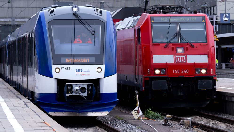 Ein Zug der bayerischen Regiobahn (l, BRB) und ein Zug der Deutschen Bahn (DB) stehen auf einem Gleis am Hauptbahnhof. | Bild:picture alliance/dpa/Sven Hoppe