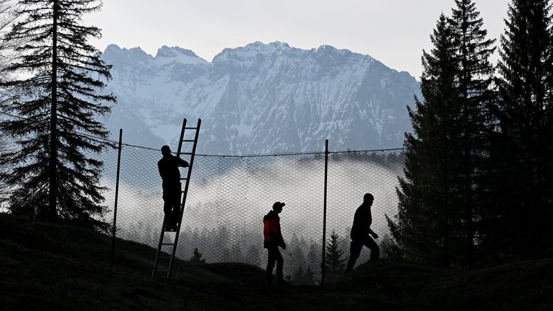 Arbeiter bauen im Wald rund um Schloss Elmau den Sperrzaun für den G7-Gipfel auf, im Hintergrund ist das Wettersteingebirge zu sehen. 