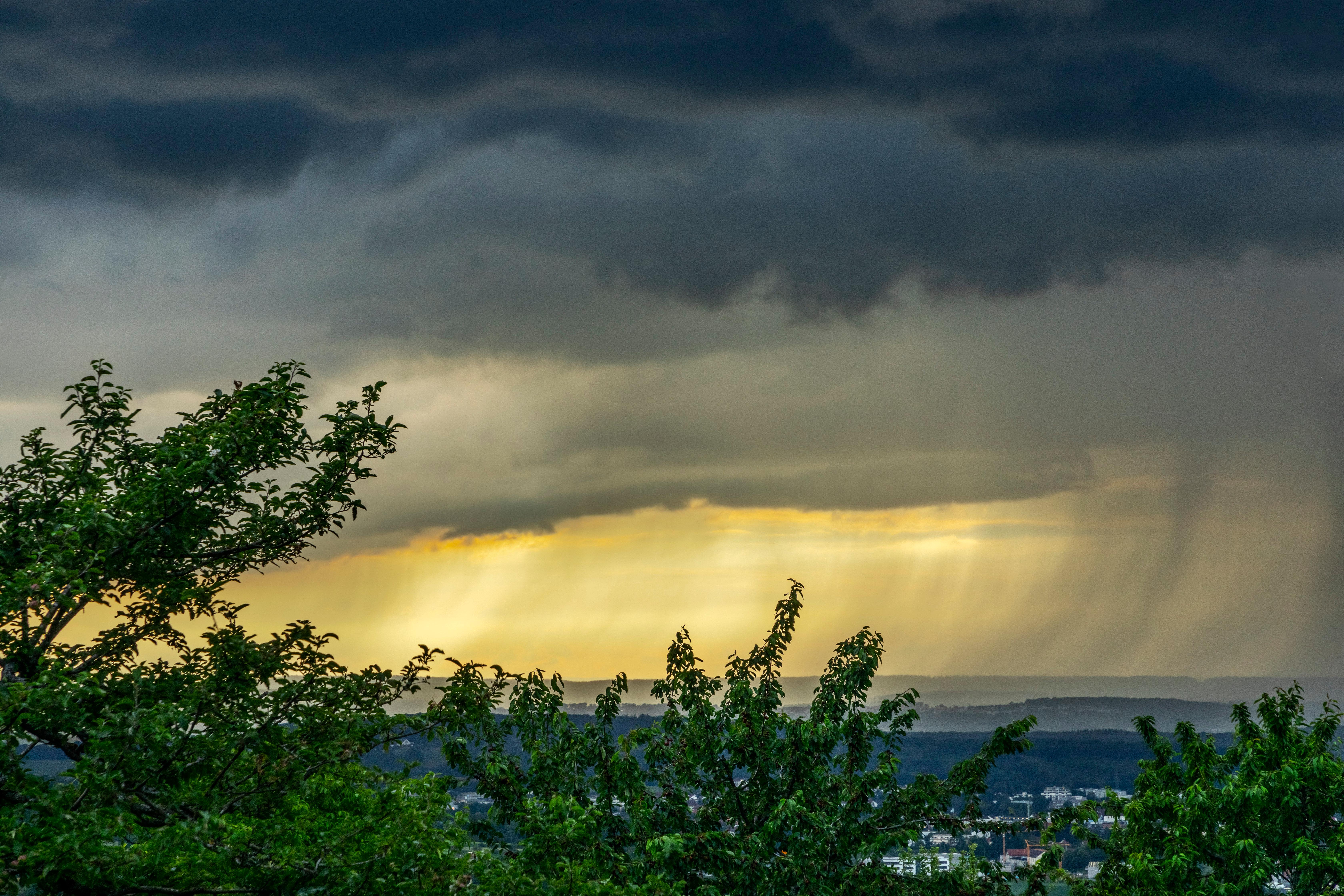 Regen stroemt aus schweren Gewitterwolken über Tal im Sommer; sorgt das El-Niño-Phänomen für Rekordhitze?