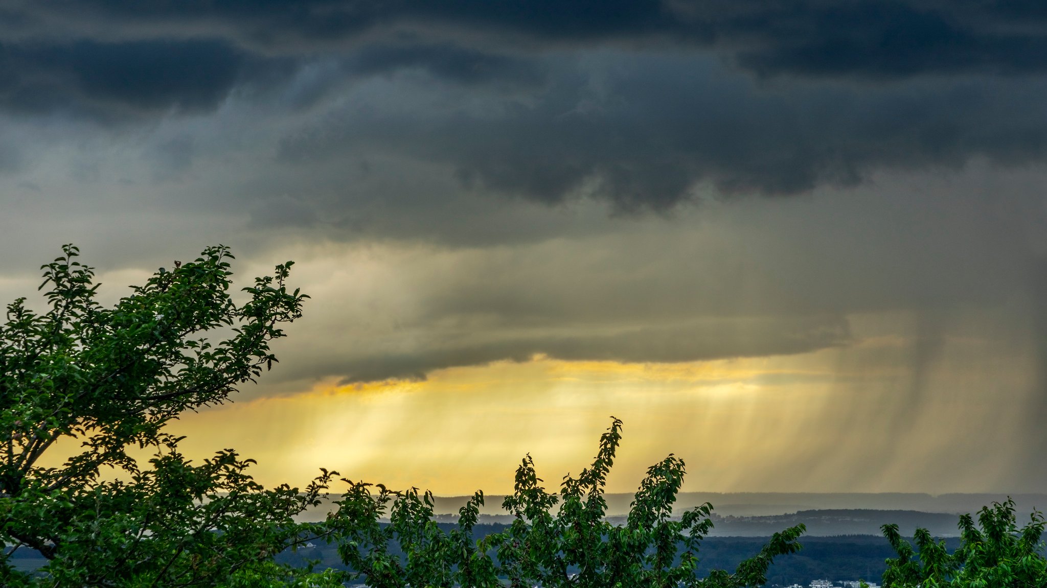 Regen stroemt aus schweren Gewitterwolken über Tal im Sommer; sorgt das El-Niño-Phänomen für Rekordhitze?