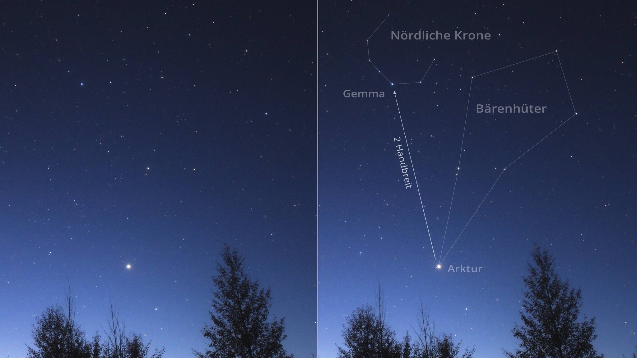 Das Sternbild Nördliche Krone über dem hellen Stern Arktur im Sternbild Bärenhüter. Von Arktur aus finden Sie leicht zu Gemma, dem hellsten Stern in der Nördlichen Krone. Gemma liegt etwa zwei Handbreit entfernt links über Arktur.