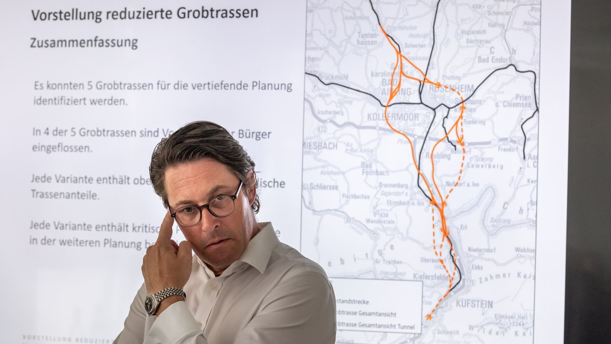 Verkehrsminister Andreas Scheuer 2019 auf einer PK zur Vorstellung der damaligen Bahn-Planungen zum Brenner-Nordzulauf.