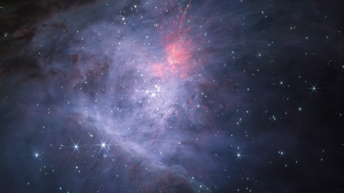 Der Orionnebel erscheint als bläulich eingefärbter Nebel, in dessen Zentrum helle Sterne leuchten. 