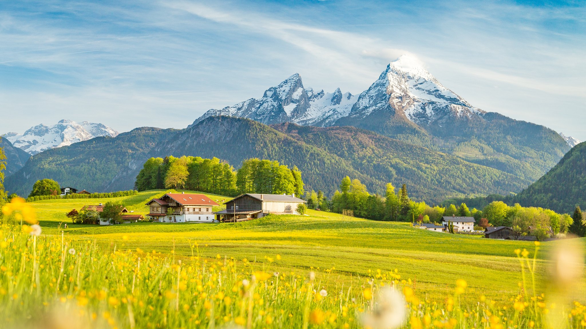 Ein idyllischer Bauernhof vor Watzmann-Kulisse.