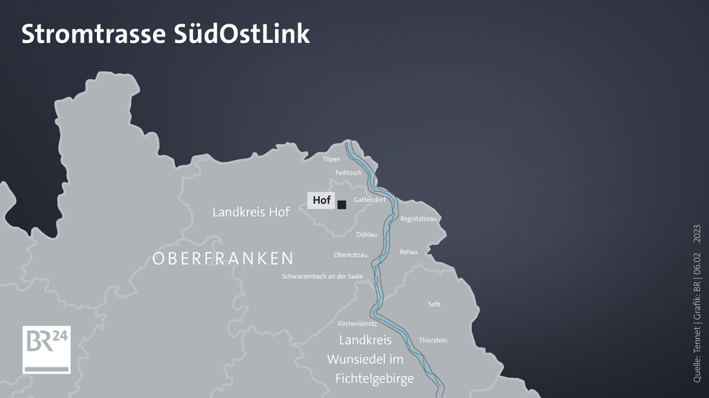 Der geplante Verlauf der Stromtrasse Südostlink durch Oberfranken.