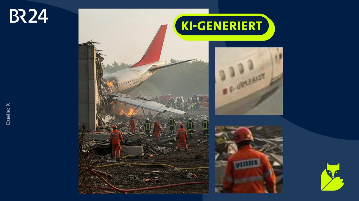 Ein gefälschtes Bild des Air India-Absturzes, darauf der Stempel "KI-generiert". Daneben zwei Ausschnitte des Bildes, auf denen man sieht, dass die Schrift auf dem Flugzeug und auf einer Feuerwehruniform keinen Sinn ergibt. Das war bislang ein Merkmal KI-generierter Bilder.