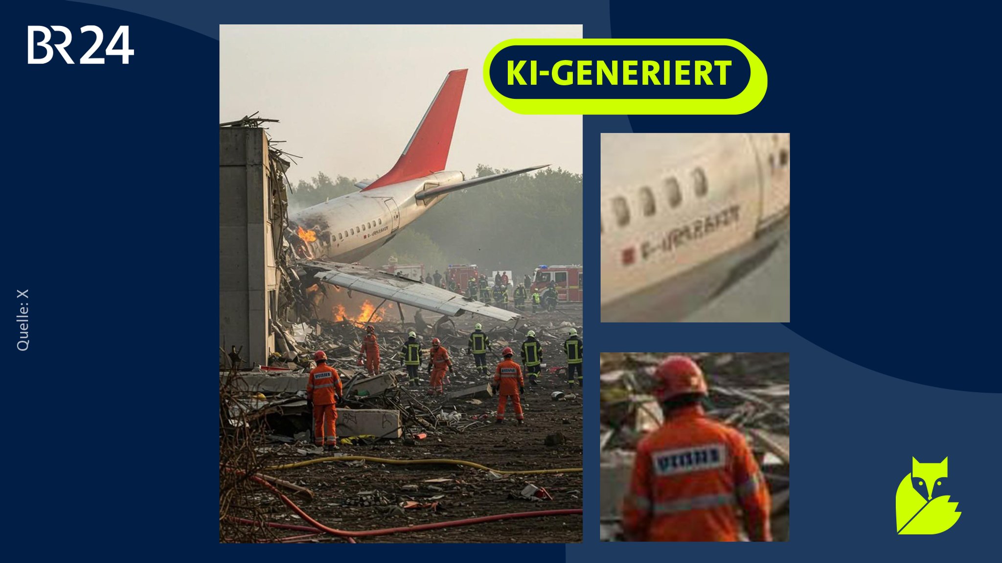 Ein gefälschtes Bild des Air India-Absturzes, darauf der Stempel "KI-generiert". Daneben zwei Ausschnitte des Bildes, auf denen man sieht, dass die Schrift auf dem Flugzeug und auf einer Feuerwehruniform keinen Sinn ergibt. Das war bislang ein Merkmal KI-generierter Bilder.