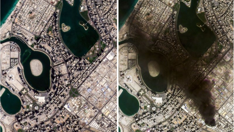 Luftansicht von Dubai, Vereinigte Arabische Emirate, vor und nach einem Raketenangriff | Bild: Uncredited/Planet Labs PBC/AP/dpa Luftansicht von Dubai, Vereinigte Arabische Emirate, vor und nach einem Raketenangriff