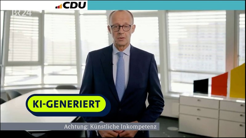 Ein mit KI-Werkzeugen bearbeitetes Video zeigt eine Szene mit Friedrich Merz. | Bild: instagram.com/alicefuerdeutschland / Montage: BR Ein mit KI-Werkzeugen bearbeitetes Video zeigt eine Szene mit Friedrich Merz.
