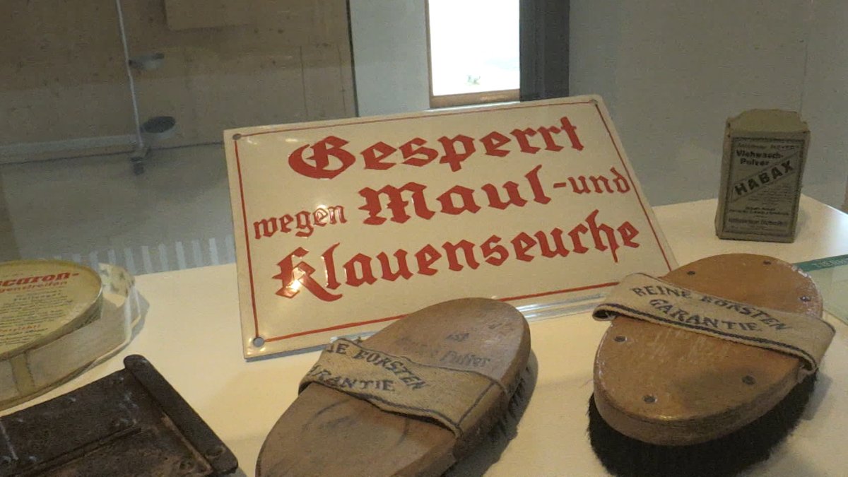 Schild mit der Aufschrift: "Gesperrt wegen Maul- und Klauenseuche", davor alte Bürsten