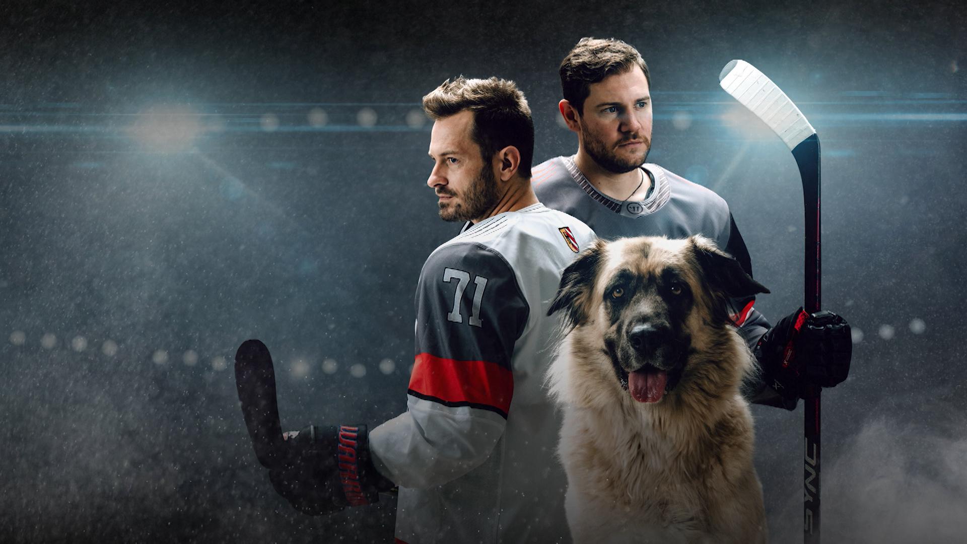 Hündin Mira mit zwei Eishockeyspielern auf einem Plakat