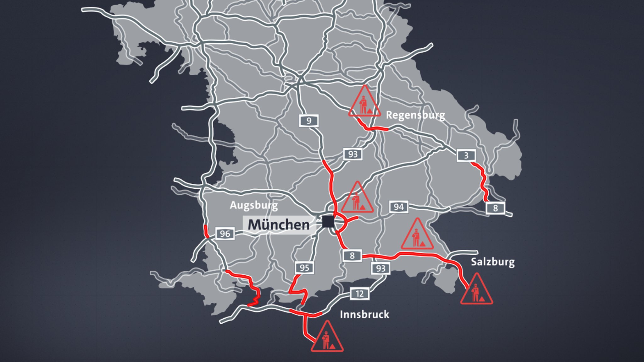 Baustellen und Staugefahr (rot markierte Strecken) in Bayern. Quelle: ADAC Bayern.