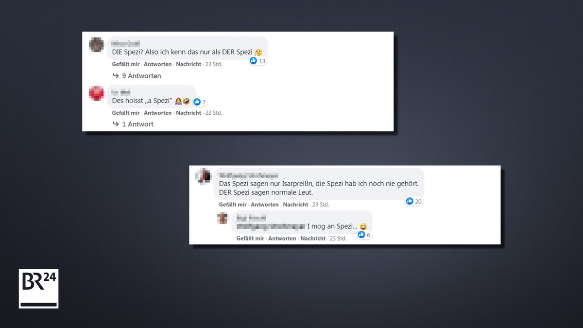 Screenshot von Kommentaren auf BR24-Facebook zum richtigen Artikel bei "Spezi".