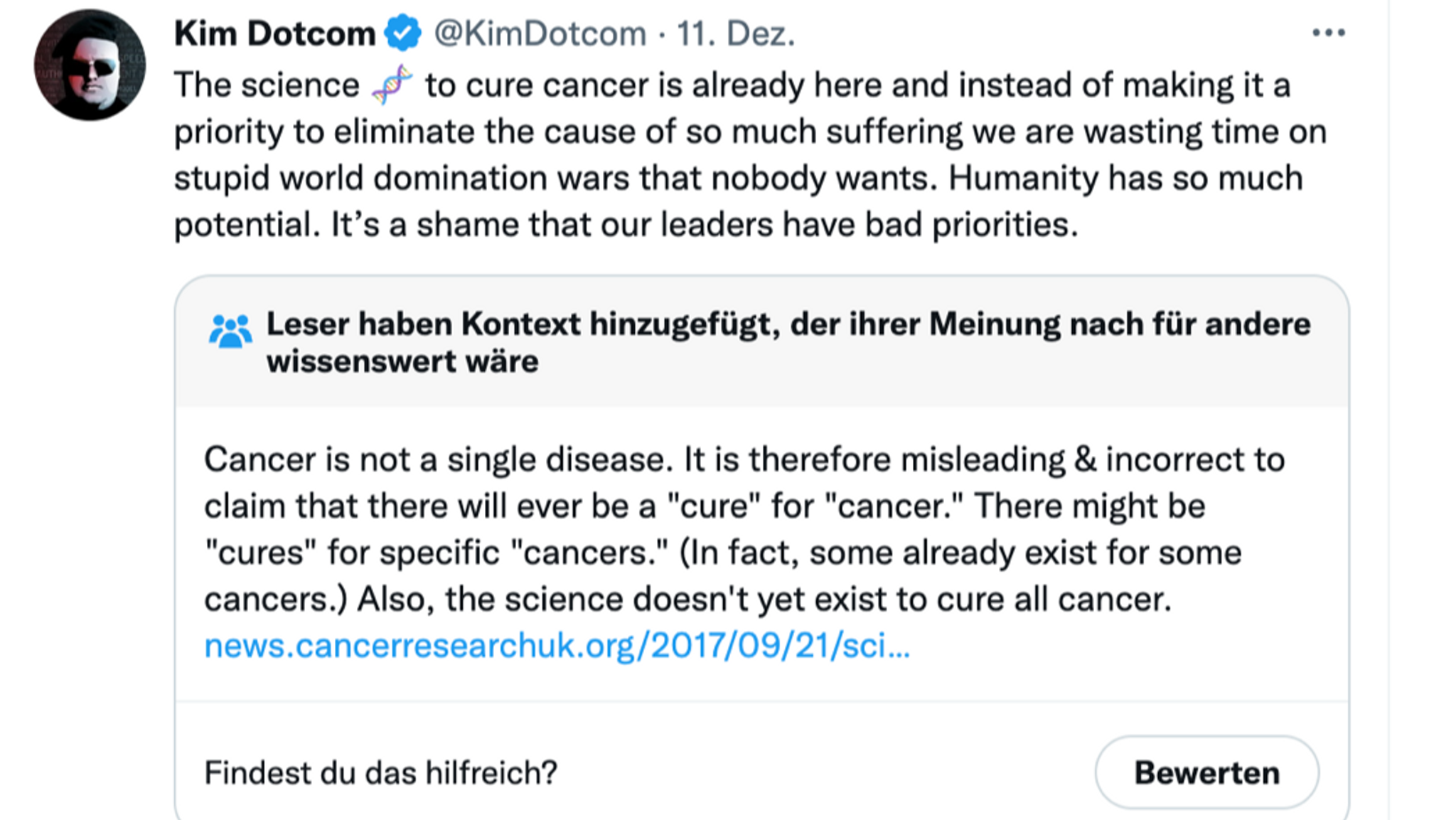 Tweet von Kim Dotcom mit Korrektur durch Twitter-Nutzer