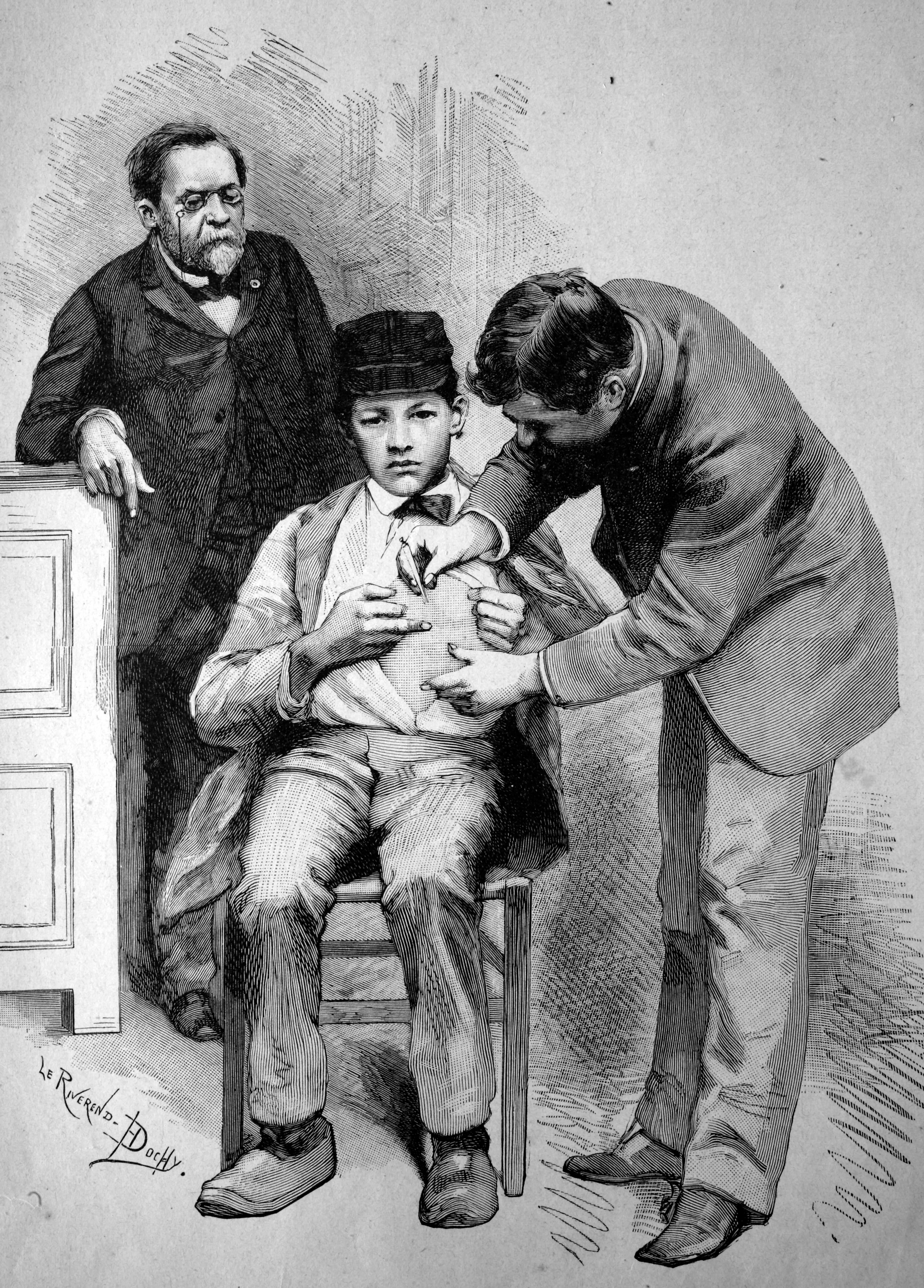 Tollwut-Schutzimpfung bei Professor Pasteur in Paris, Frankreich historische Illustration, circa 1886