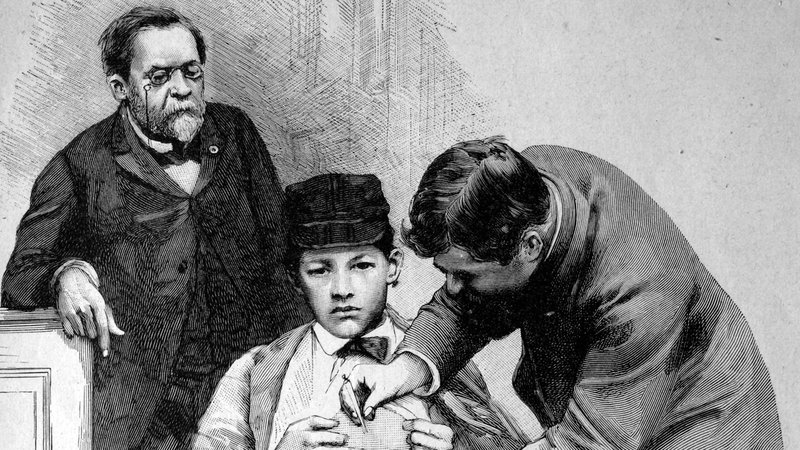 Tollwut-Schutzimpfung bei Professor Pasteur in Paris, Frankreich historische Illustration, circa 1886