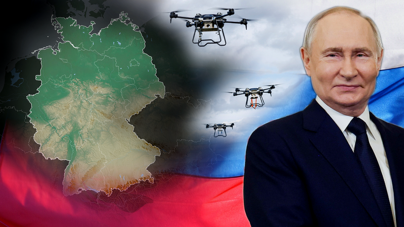 Eine Fotomontage, auf der der russische Präsident Wladimir Putin neben fliegende Drohnen vor einer russischen Flagge zu sehen sind. Im Hintergrund sieht man eine Deutschlandkarte. | Bild: dpa-Bildfunk/Vyacheslav Prokofyev, Uncredited; stock.adobe.com/Denis Rozhnovsky, Pawel Zelwan. Montage: BR Eine Fotomontage, auf der der russische Präsident Wladimir Putin neben fliegende Drohnen vor einer russischen Flagge zu sehen sind. Im Hintergrund sieht man eine Deutschlandkarte.