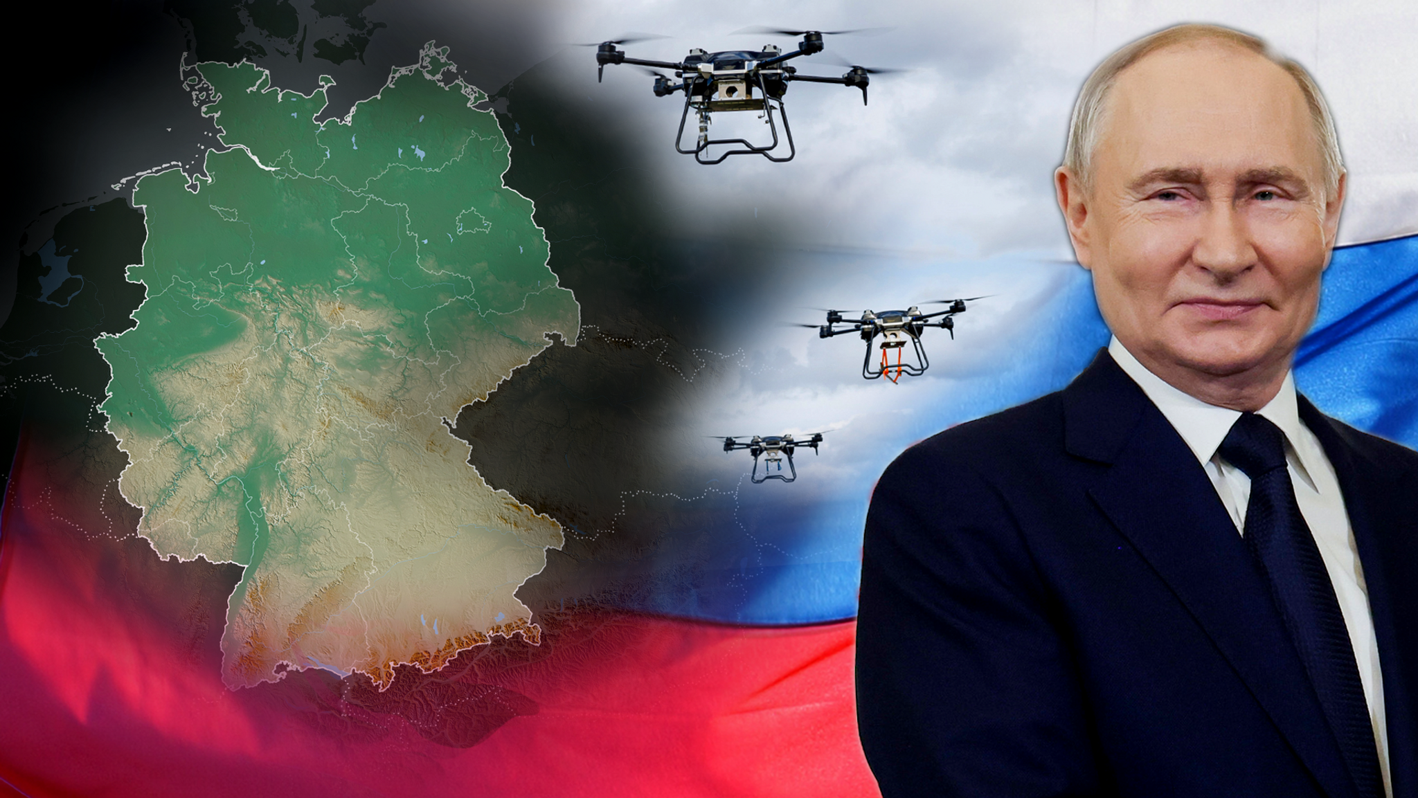 Eine Fotomontage, auf der der russische Präsident Wladimir Putin neben fliegende Drohnen vor einer russischen Flagge zu sehen sind. Im Hintergrund sieht man eine Deutschlandkarte.