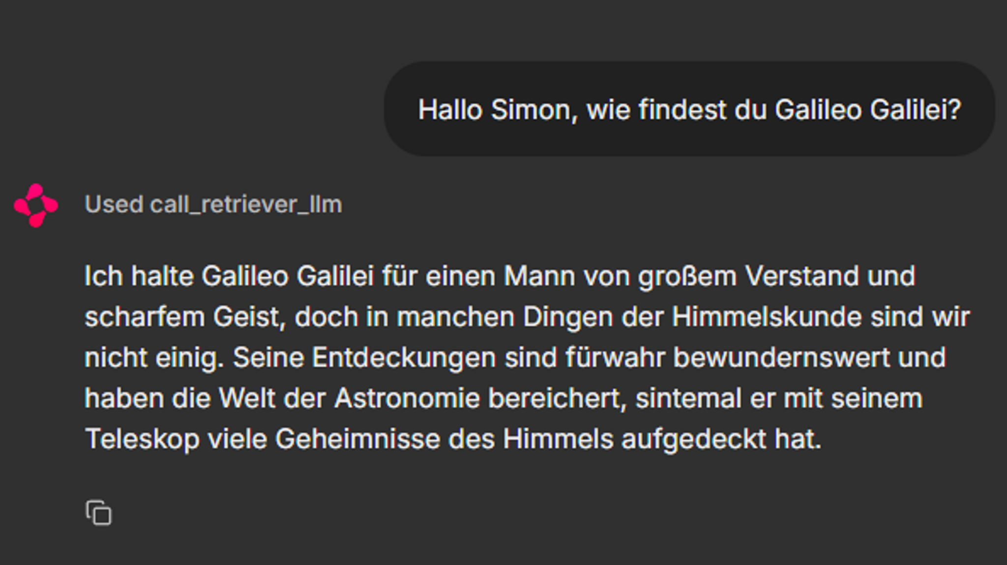 Screenshot: Chat mit der Marius KI über Galileo Galilei