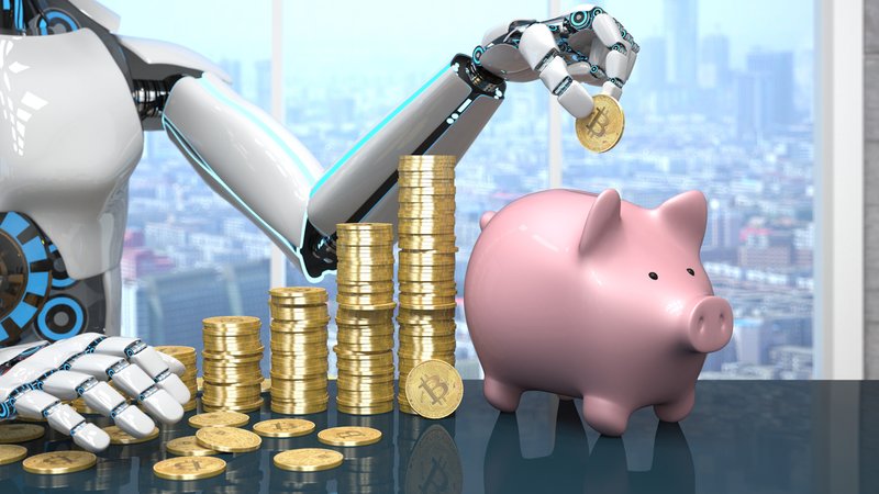 (Symbolbild) Roboter füttert Sparschwein mit Bitcoins | Bild: picture alliance / Alexander Limbach/Shotshop | Alexander Limbach (Symbolbild) Roboter füttert Sparschwein mit Bitcoins