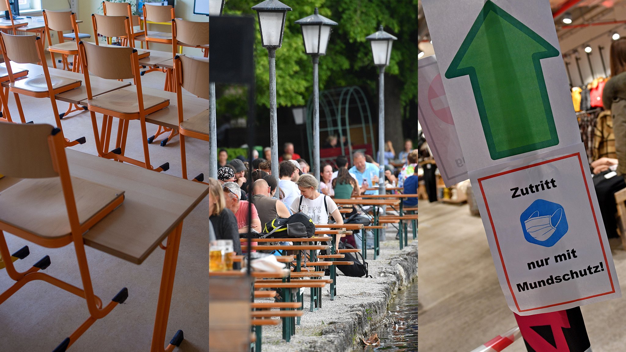 Schulklasse ohne Schüler, voller Biergarten, Mundschutz-Hinweis (Symbolbilder)