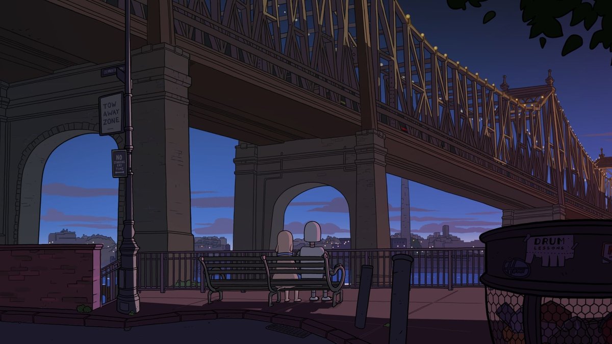 Eine von zahlreichen Filmreferenzen in "Robot Dreams": Die Hauptfiguren blicken wie einst Woody Allen und Diane Keaton in "Manhatten" auf die Queensboro Bridge