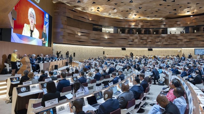 19.05.2025: Schweiz, Genf: Die Schweizer Innenministerin Elisabeth Baume-Schneider (l und Monitor) gibt ihre Erklärung während der Eröffnung der 78. Weltgesundheitsversammlung (WHA78) am europäischen Hauptsitz der Vereinten Nationen ab. | Bild: dpa-Bildfunk/Magali Girardin 19.05.2025: Schweiz, Genf: Die Schweizer Innenministerin Elisabeth Baume-Schneider (l und Monitor) gibt ihre Erklärung während der Eröffnung der 78. Weltgesundheitsversammlung (WHA78) am europäischen Hauptsitz der Vereinten Nationen ab.