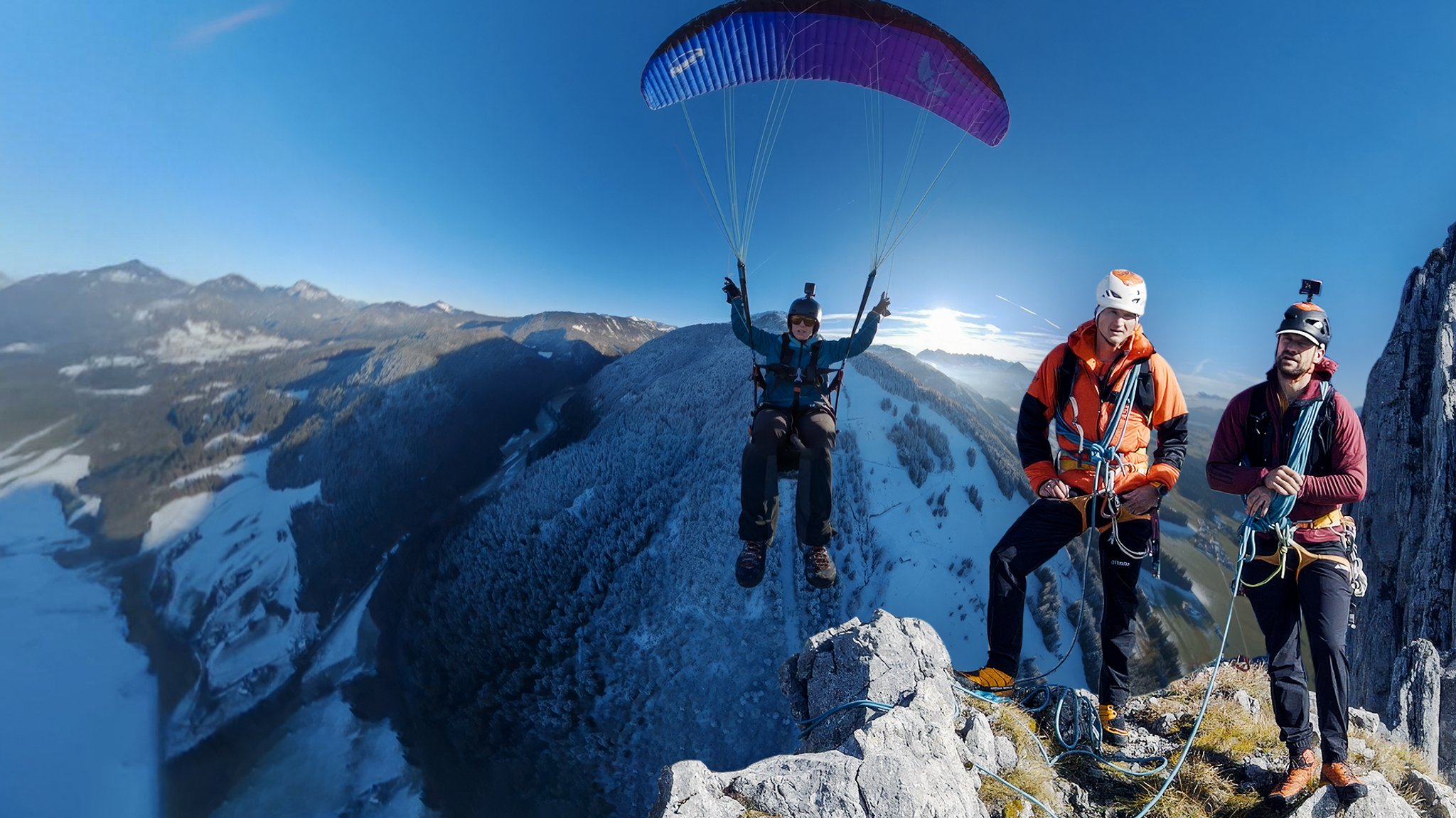 Extremsportler: Gleitschirmflieger Dani Freutsmiedl (links), Bergsteiger Michi Wohlleben (mitte), Lukas Hinterberger (rechts)