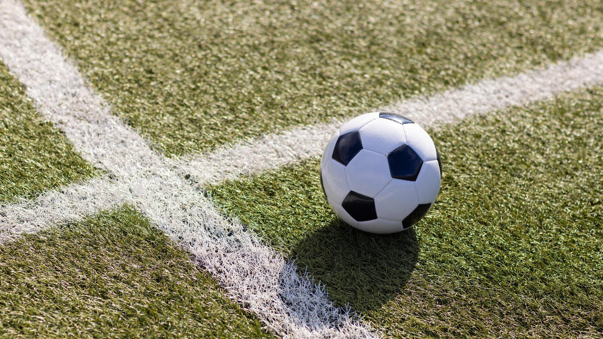 (Symbolbild) Klassischer Fußball liegt bei Sonnenschein auf trockenem Fußballrasen.