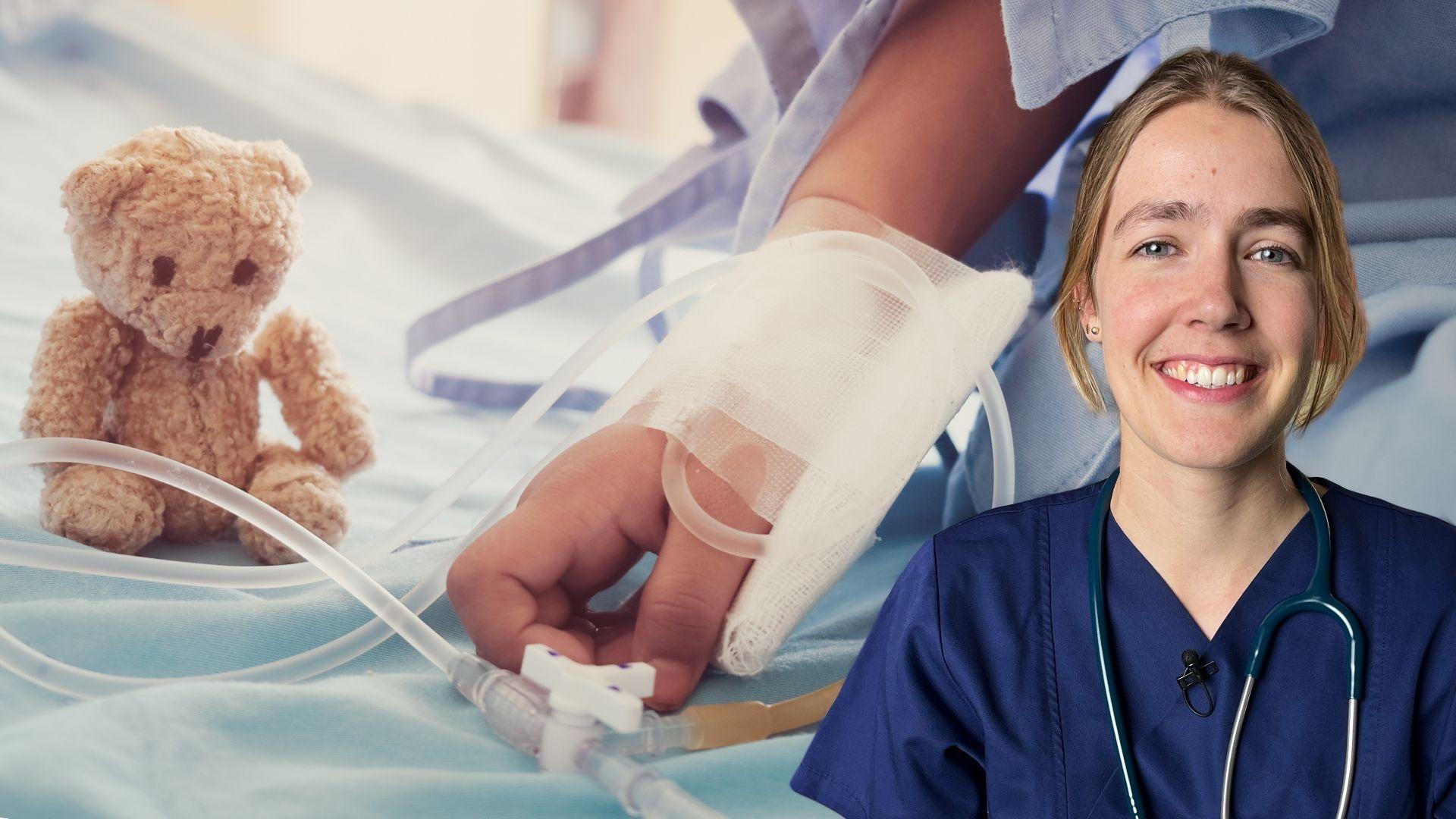 Die Kinderärztin Malin im Vordergrund. Im Hintergrund ein Teddy und eine Kinderhand mit Infusionen