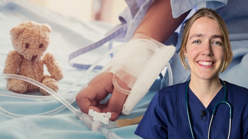 Die Kinderärztin Malin im Vordergrund. Im Hintergrund ein Teddy und eine Kinderhand mit Infusionen | Bild: © Bayerischer Rundfunk 2025/(Hintergrund: adobe stock / pingpao)/BR/Christoph Hölzl Die Kinderärztin Malin im Vordergrund. Im Hintergrund ein Teddy und eine Kinderhand mit Infusionen