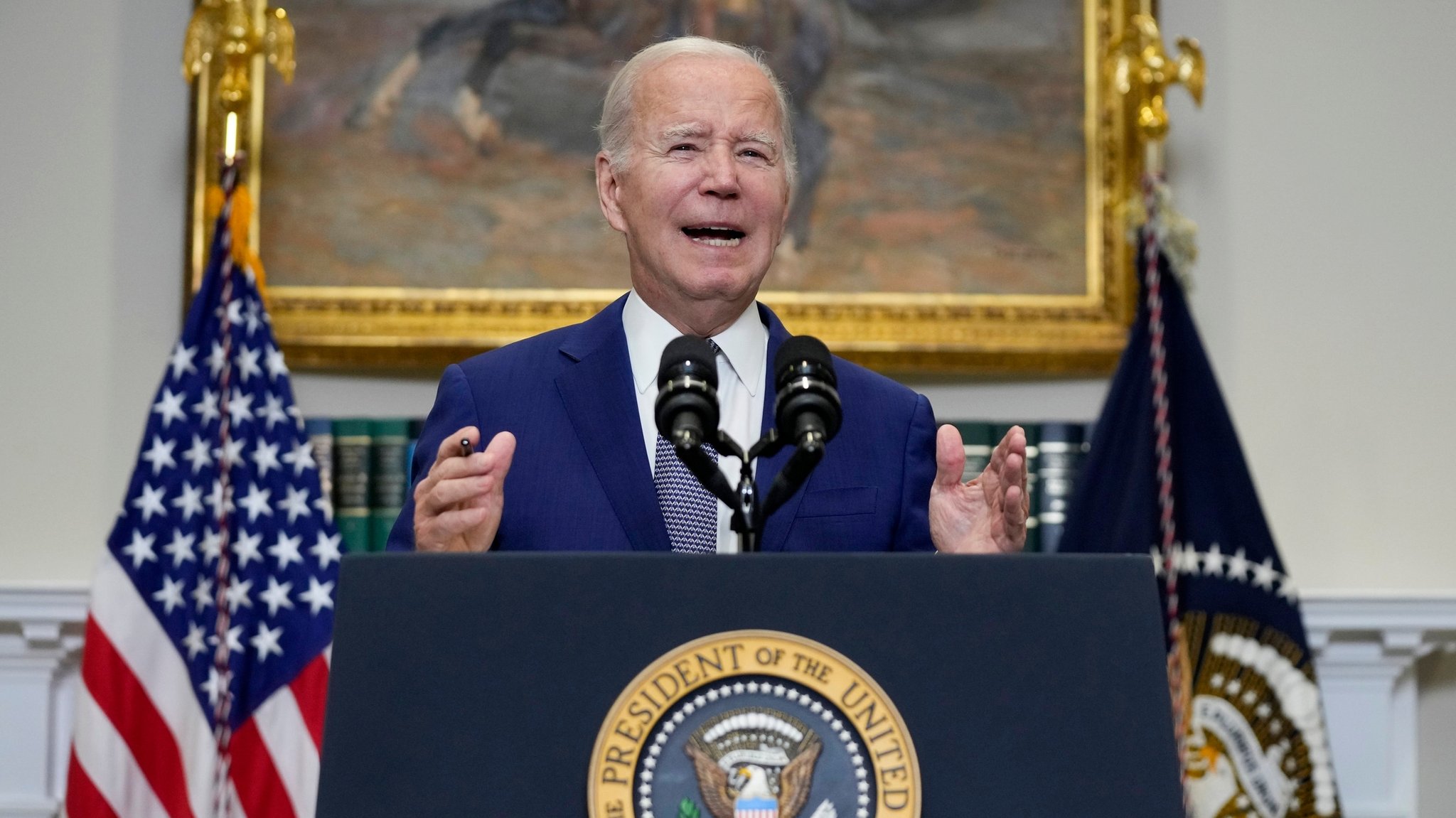 Joe Biden, Präsident der USA, spricht im Roosevelt Room des Weißen Hauses.