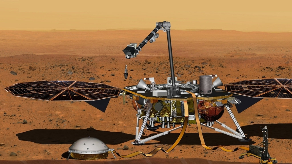 Illustration der Mars-Sonde InSight mit seinem seismologischen Gerät SEIS