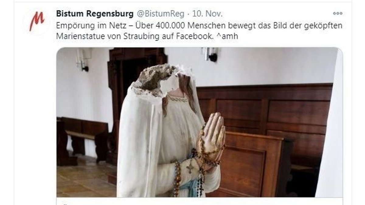 Die geköpfte Statue im Facebook-Post des Bistums Regensburg