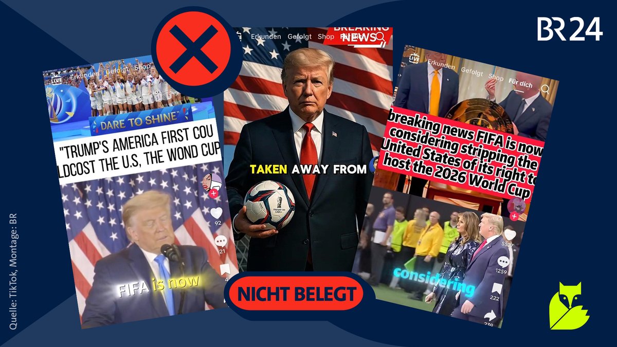 Zu sehen sind drei TikTok-Screenshots von Videos, in denen unbelegterweise behauptet wird, die FIFA wolle den USA die Austragung der WM 2026 wieder entziehen.