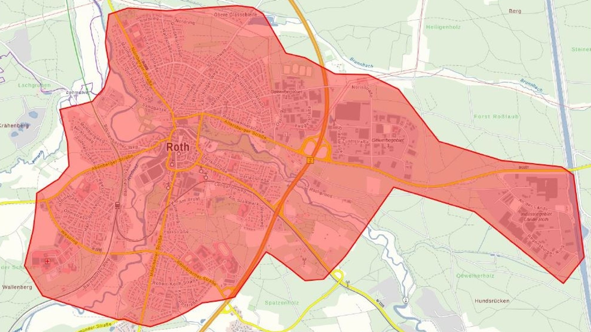 Betroffenes Trinkwassergebiet im Stadtgebiet Roth.