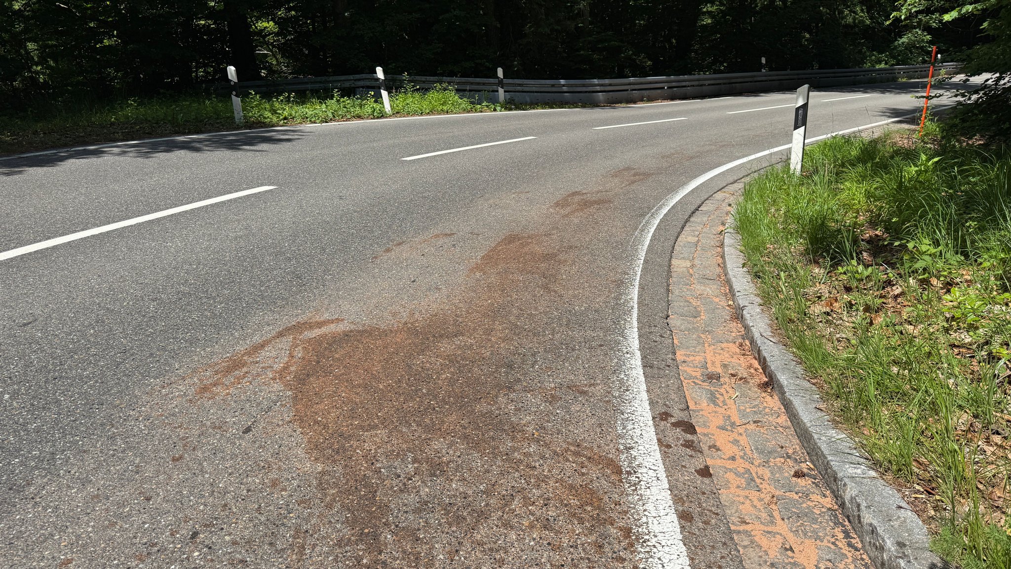 Mit Bindemitteln behandelter Ölfleck auf der B308. | Bild: BR/Steffen Armbruster Mit Bindemitteln behandelter Ölfleck auf der B308.