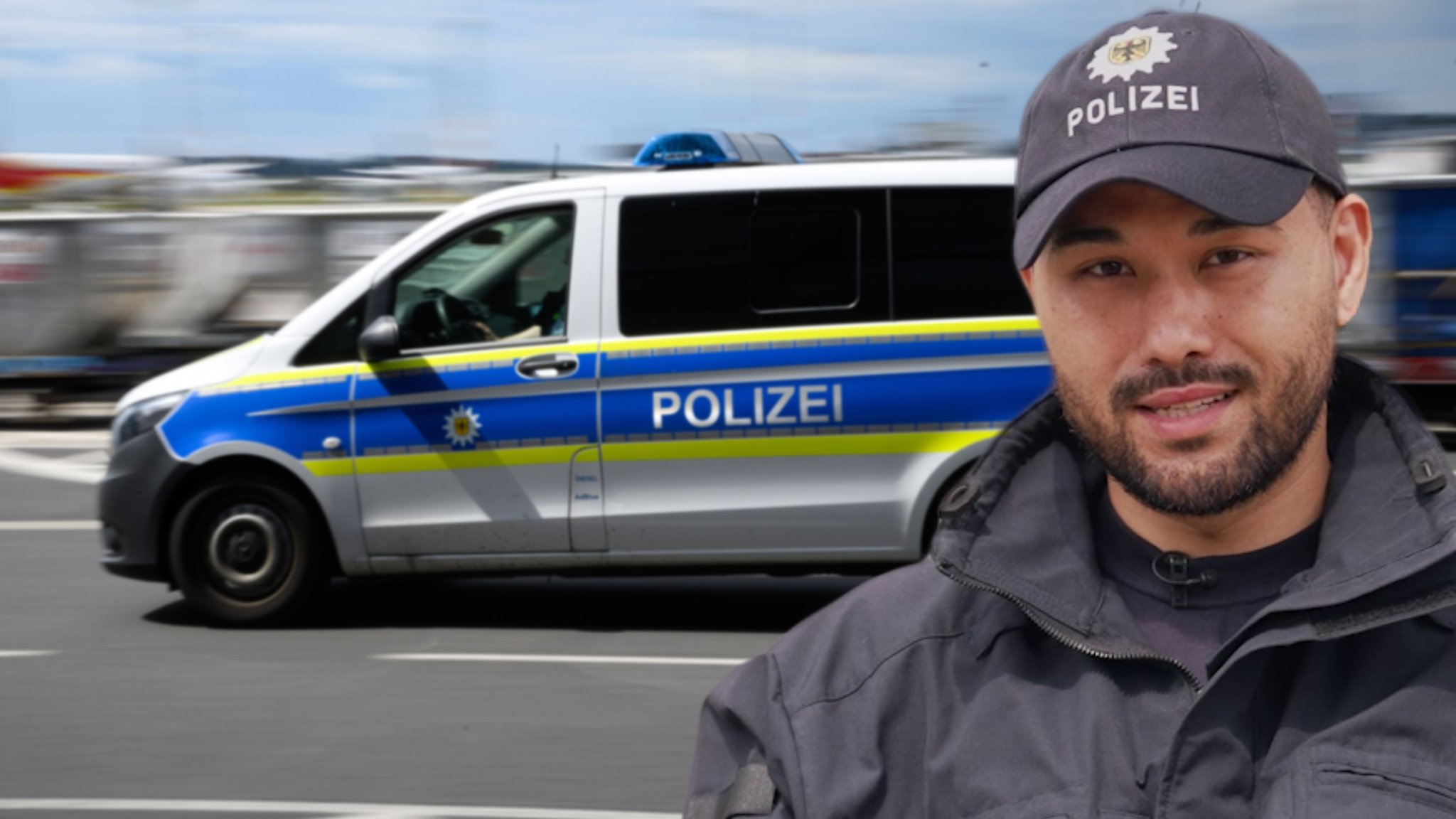 David absolviert das dreijährige Studium für den gehobenen Polizeivollzugsdienst der Bundespolizei. Im Hintergrund ist ein Polizeifahrzeug zu sehen. | Bild: R: Elisabeth Kölbl, Robin Geigenscheder, Mathias Ahlmer / Hintergrund: picture alliance / ZUMAPRESS.com | Sachelle Babbar David absolviert das dreijährige Studium für den gehobenen Polizeivollzugsdienst der Bundespolizei. Im Hintergrund ist ein Polizeifahrzeug zu sehen.