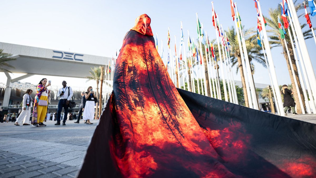 11.12.2023, Vereinigte Arabische Emirate, Dubai: Eine Frau trägt auf dem Gelände des UN-Klimagipfels COP28 einen Umhang mit einem brennenden Wald als Motiv. Hauptthemen der UN-Klimakonferenz in diesem Jahr sind unter anderem die Finanzierung für die vom Klimawandel verursachten Schäden. Foto: Hannes P. Albert/dpa +++ dpa-Bildfunk +++