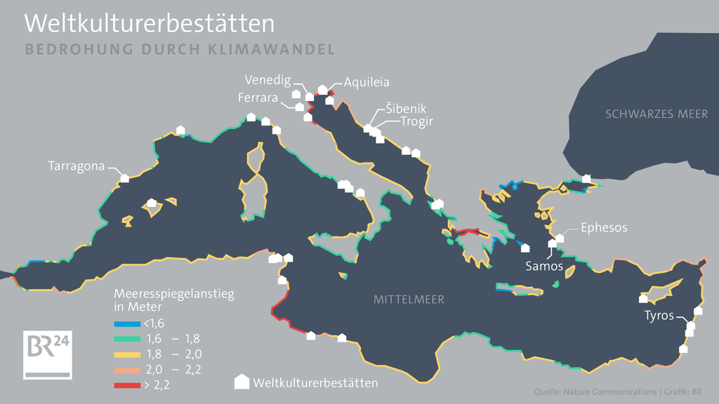 Karte über bedrohte Weltkulturerbestätten durch den Klimawandel | Bild: BR Karte über bedrohte Weltkulturerbestätten durch den Klimawandel