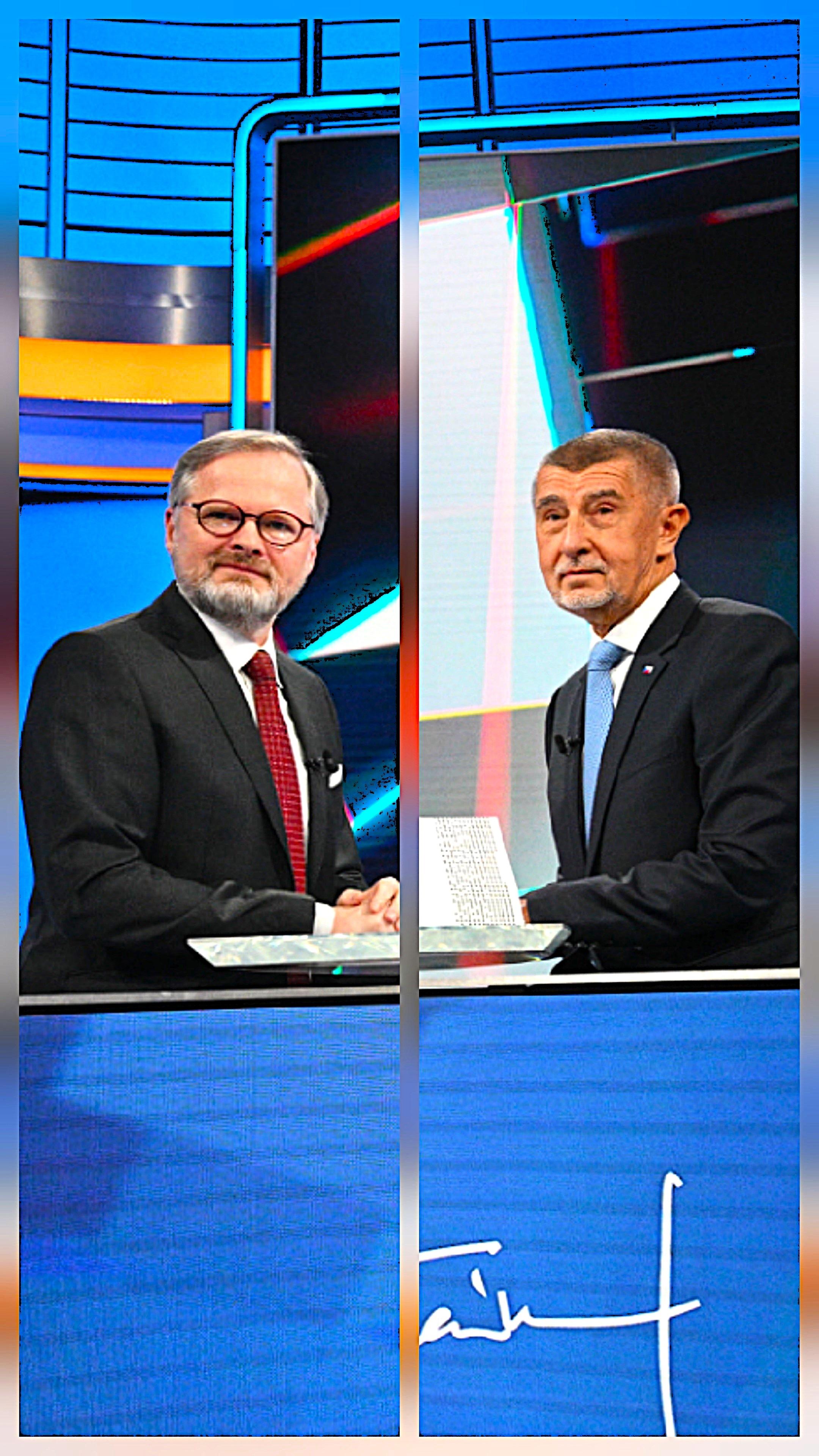 In der TV-Debatte: Links der amtierende Ministerpräsidenten Petr Fiala und rechts sein Herausforderer, der Rechtspopulist Andrej Babis.