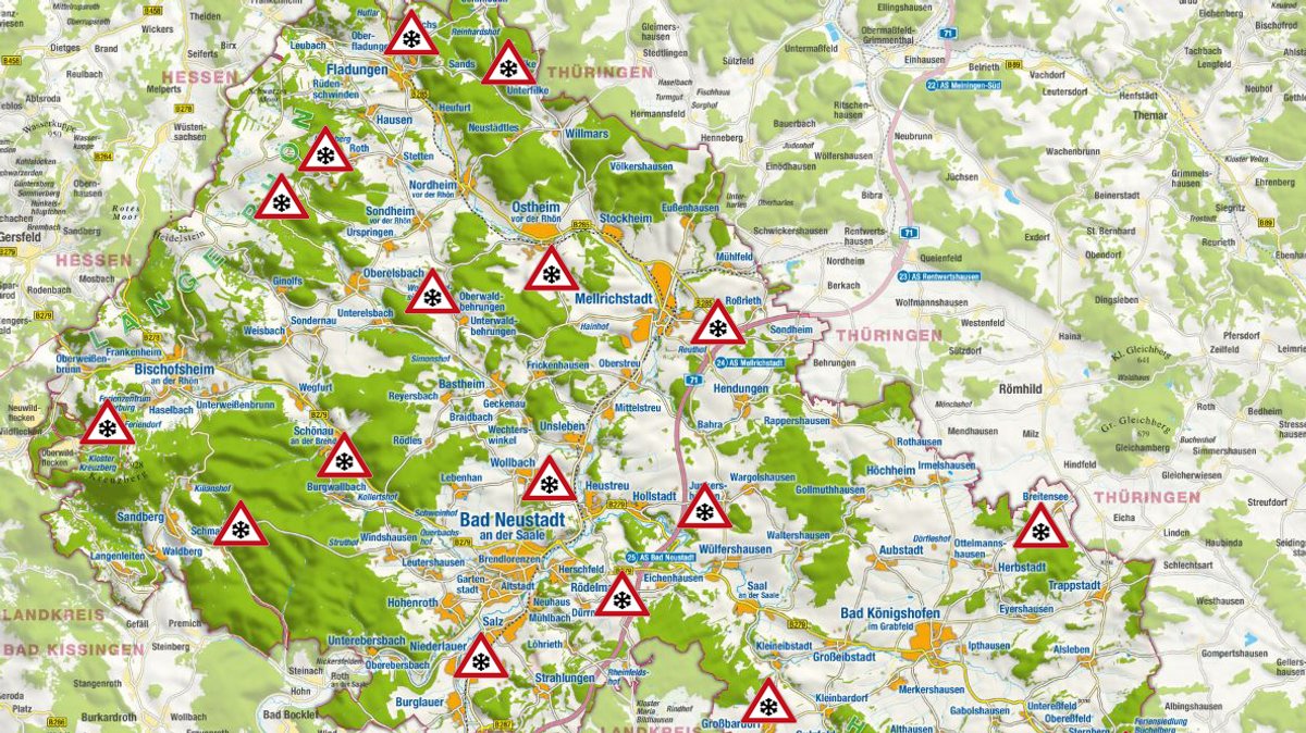 Karte mit den geplanten Standorten der Glättewarnanlagen im Landkreis Rhön-Grabfeld