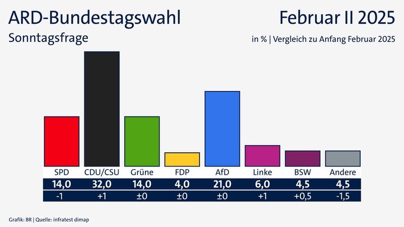 ARD-DeutschlandTrend vom 13. Februar 2025: Sonntagsfrage zur Bundestagswahl | Bild: BR/Infratest dimap ARD-DeutschlandTrend vom 13. Februar 2025: Sonntagsfrage zur Bundestagswahl