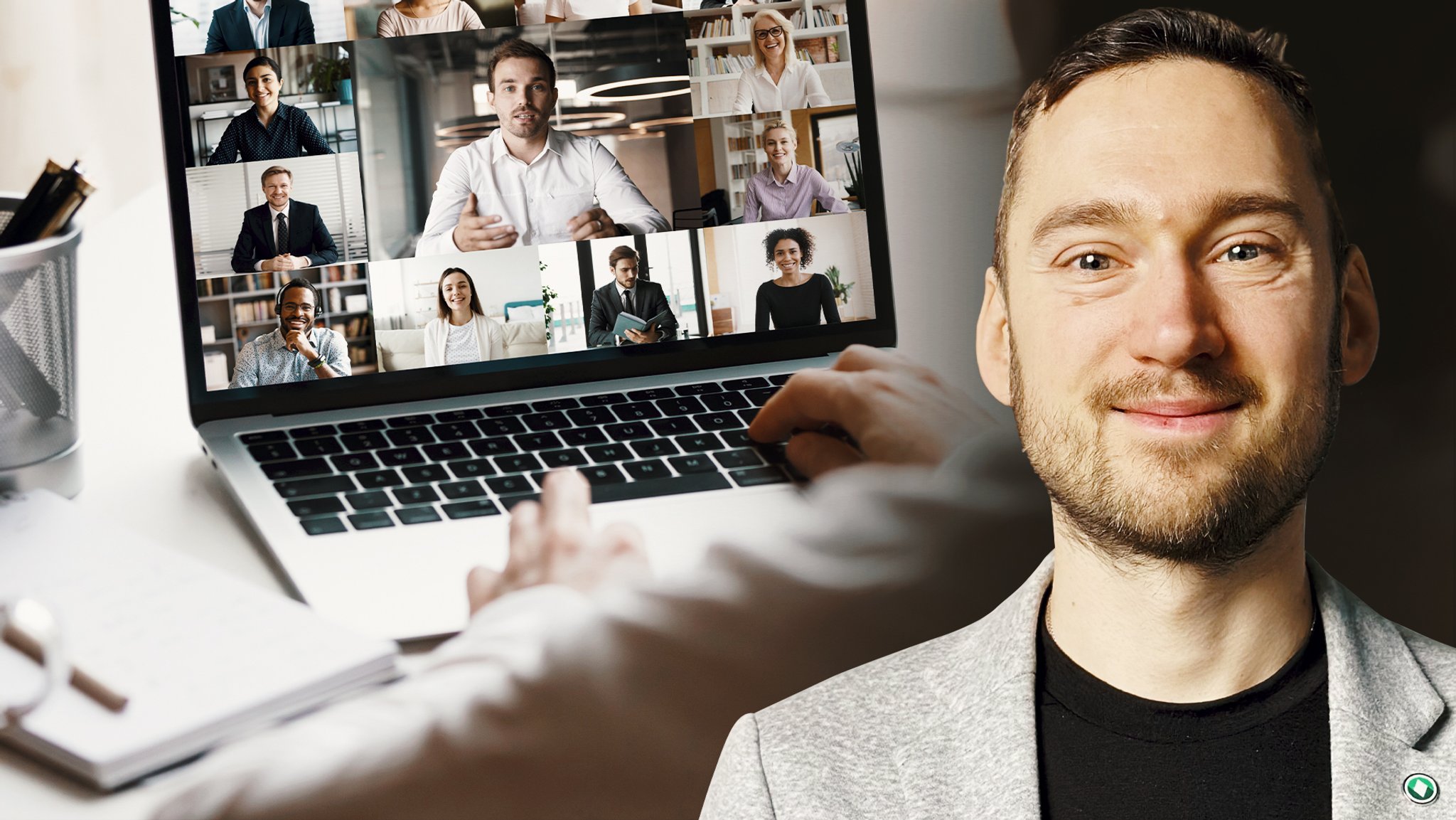 Ein junger Mann vor einem Laptop mit Videokonferenz